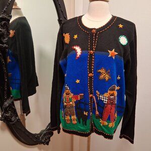 Arriviste Fall Halloween Embellished Scarecrow Leaves Cat Sweater Cardigan sz L